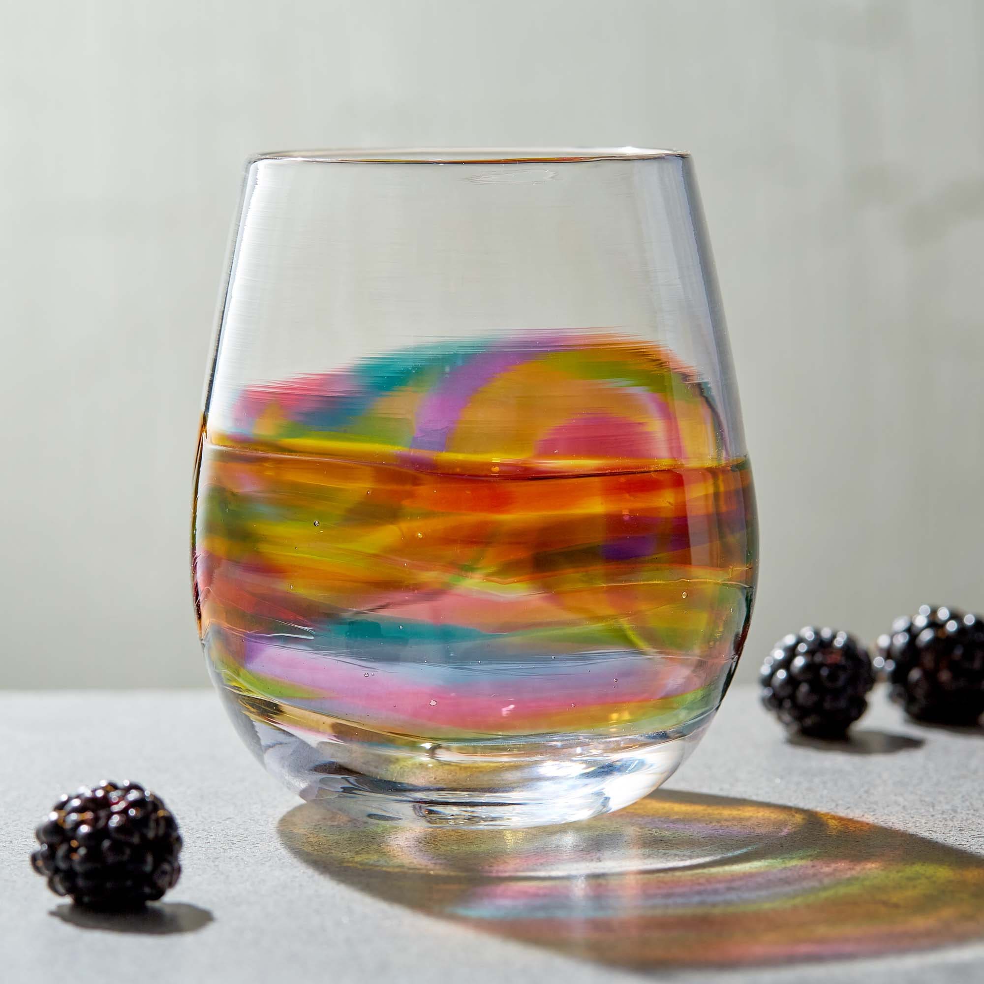 Stemless Wine Glasses in Rainbow Colors. Hand Blown Glass Cocktail ,  Sangria Glasses. Handmade Drinking Glasses. Wedding Registry Gifts 