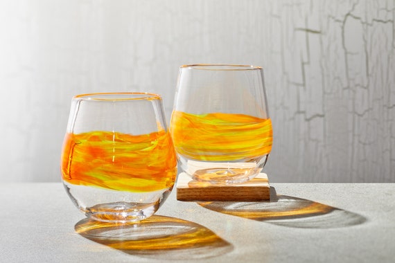 Stemless Wine Glasses With Orange/yellow Band. Hand Blown Barware, Cocktail  Glassware. Handmade Drinking Glasses Made in USA. 