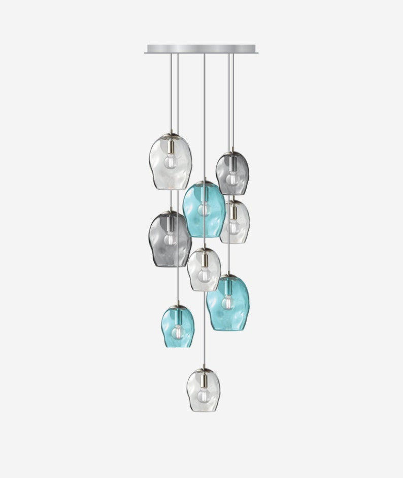 Cascading Metro Chandelier. Blown Glass Stairway Lighting Fixture. Handmade Multi port Pendant Lights. image 2