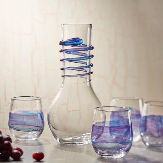 Blue Stemless Wine Glasses. Hand Blown Cocktail Drinking Glass Made in USA  