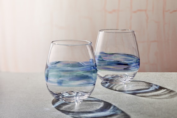 Buy Blue Stemless Wine Glasses. Hand Blown Cocktail Drinking Glass Made in  USA Online in India 