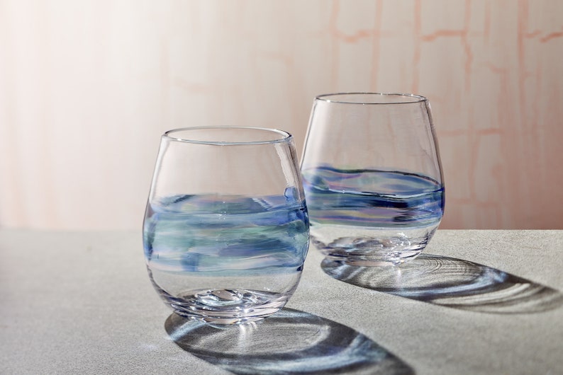 Blue Stemless Wine Glasses. Hand Blown Cocktail Drinking Glass Made in USA image 2