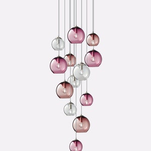 Cascading Metro Chandelier. Blown Glass Stairway Lighting Fixture. Handmade Multi port Pendant Lights. image 1