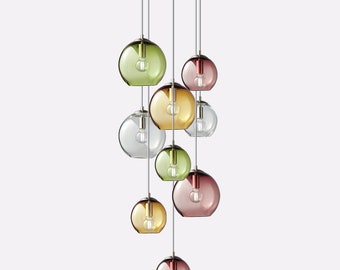 Cascading Metro Chandelier. Blown Glass Stairway Lighting Fixture. Handmade Multi port Pendant Lights.