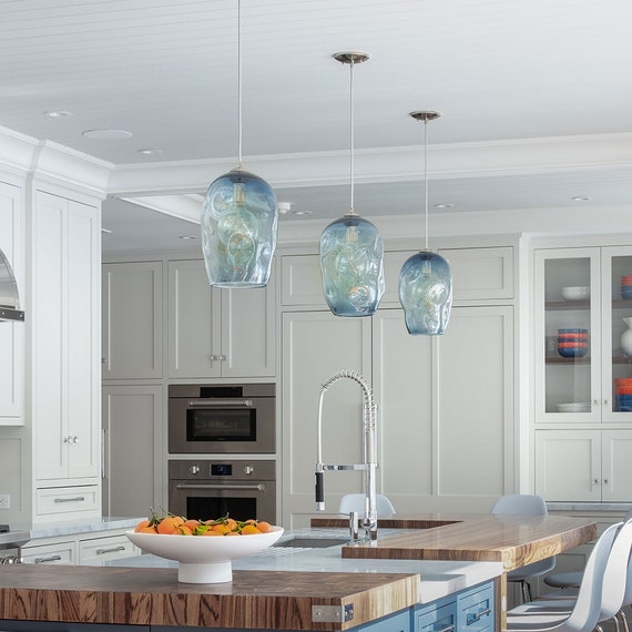 Hand blown blue glass pendant light deals