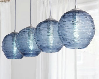 Dining Room Chandelier. Stella 4 or 5 port Linear Pendant Lights. Hand Blown Glass Made in USA