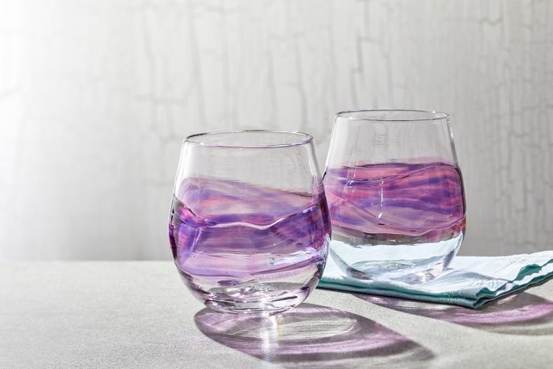 Stemless Wine Glasses Purple and Fushcia Band Hand Blown Glass. Handmade Drinking Sangria Cocktail Glass. image 2