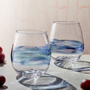 Blue Stemless Wine Glasses. Hand Blown Cocktail Drinking Glass Made in USA image 1
