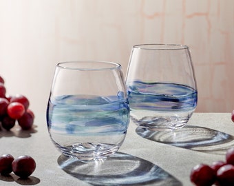 Blue Stemless Wine Glasses. Hand Blown Cocktail Drinking Glass Made in USA