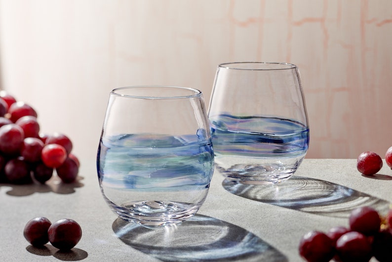 Blue Stemless Wine Glasses. Hand Blown Cocktail Drinking Glass Made in USA image 1