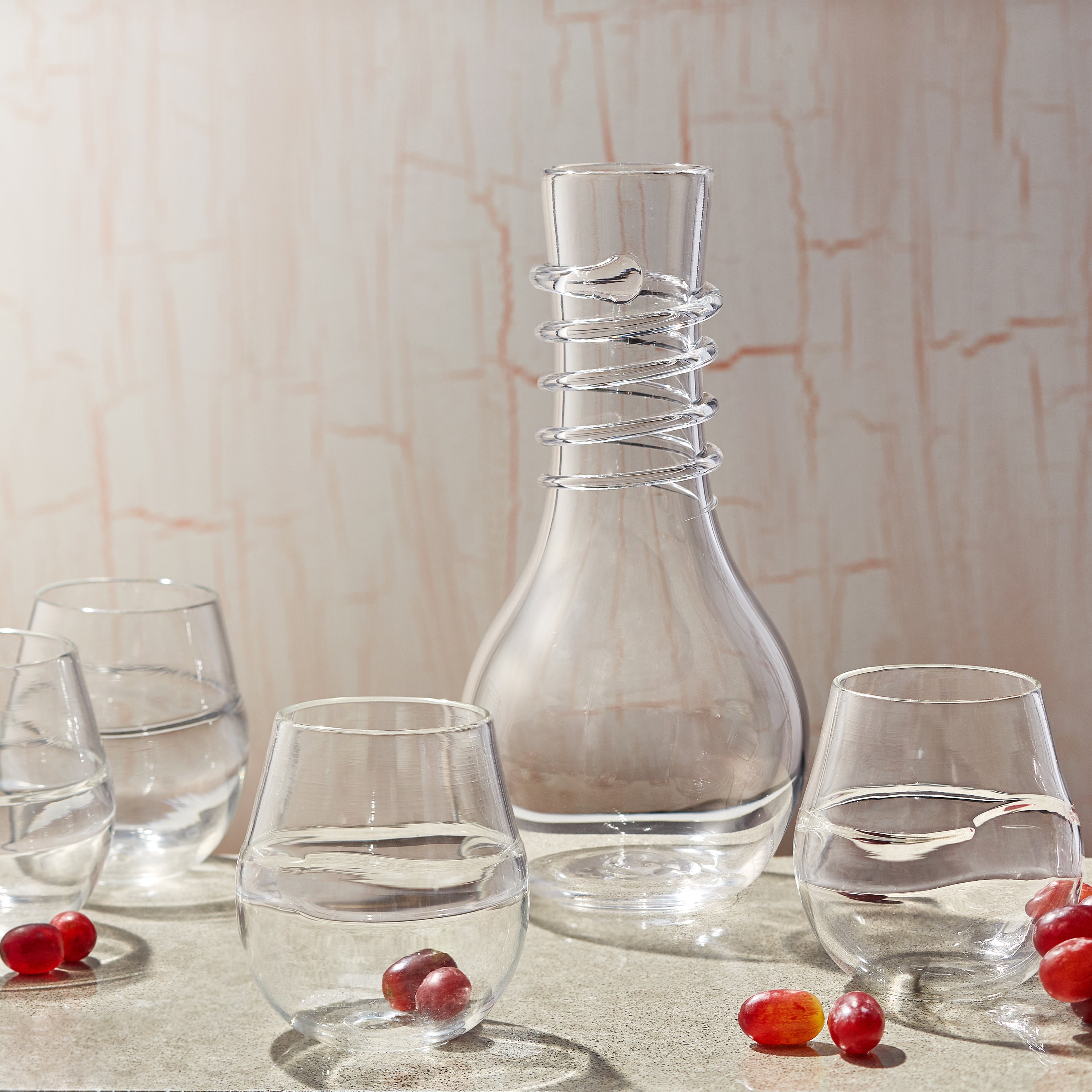 Wine Carafe Decanter Set. 4 Clear Stemless Wine Glasses. Hand