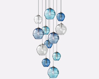 Cascading Fiona Chandelier. Blown Glass Stairway Lighting Fixture. Handmade Multi port Pendant Lights.