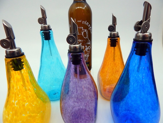 Olive Oil Dispenser. Hand Blown Cruet for Oil and Vinegar