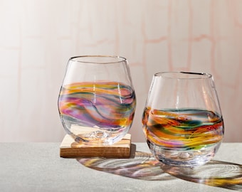 Stemless Wine Glasses With Orange/yellow Band. Hand Blown Barware, Cocktail  Glassware. Handmade Drinking Glasses Made in USA. 