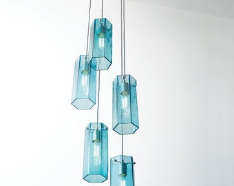 Hexa Cascade-5 Blue Blown Glass Entryway Chandelier. Made in USA.