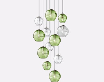 Cascading Fiona Chandelier. Blown Glass Stairway Lighting Fixture. Handmade Multi port Pendant Lights.