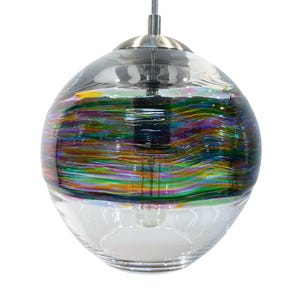 May include: A clear glass globe pendant light with a silver metal canopy. The globe features a colorful, abstract design with streaks of green, blue, purple, and yellow.