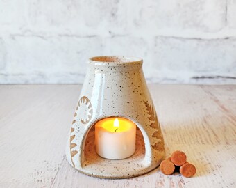 Fern & Fiddlehead Cone Incense Burner - Tealight Candle Holder - Handmade Pottery - White Forest Decor - Fern Leaf Chiminea - Woodland