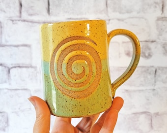 Sunny Yellow and Bamboo Green Spiral Swirl mug - cozy colorful pottery mug - handmade pottery mug - ceramic coffee cup