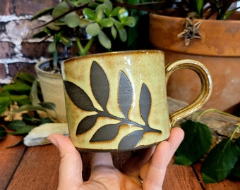 Bamboo on Black Locust Leaf Camp Mug - cozy colorful pottery mug - handmade pottery mug - ceramic coffee cup