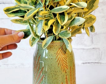 Tropical Leaves Vase - Ceramic flower vase - Wheel thrown Pottery Vase - Bamboo Green Pottery Vase - Centerpiece Bouquet - Milk Bottle Vase