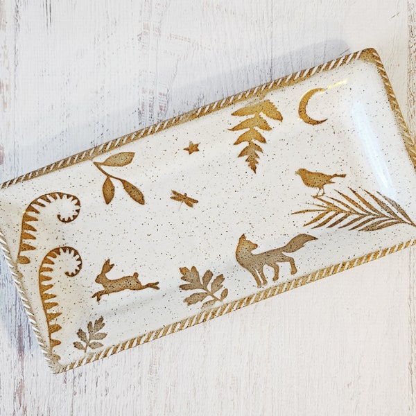 Woodland Menagerie Serving Tray in White - Forest Fern Fox and Rabbit 13" Spring Garden Party - Handmade Pottery Platter - Forestcore Decor