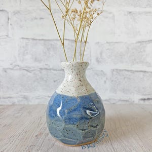 May include: A small ceramic bud vase with a faceted, bulbous body featuring a speckled white glaze on the neck and a gradient of blue and grey tones on the lower section. The vase contains a few sprigs of dried, light-colored baby's breath flowers.