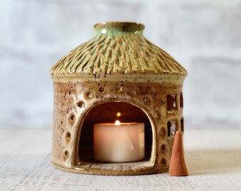 Woodland Cottage Candle Holder - Fairy House - Cone Incense Burner - Candle Luminary - Hobbit Village Home - Thatched Roof - Goblincore