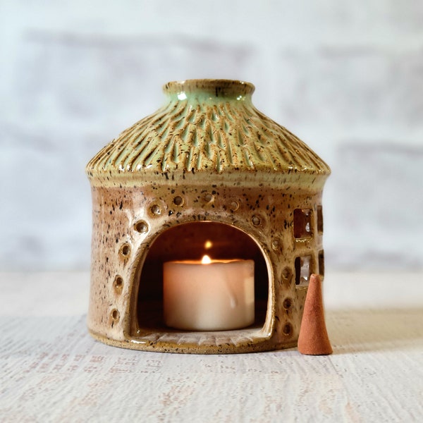 Woodland Cottage Candle Holder - Fairy House - Cone Incense Burner - Candle Luminary - Hobbit Village Home - Thatched Roof - Goblincore