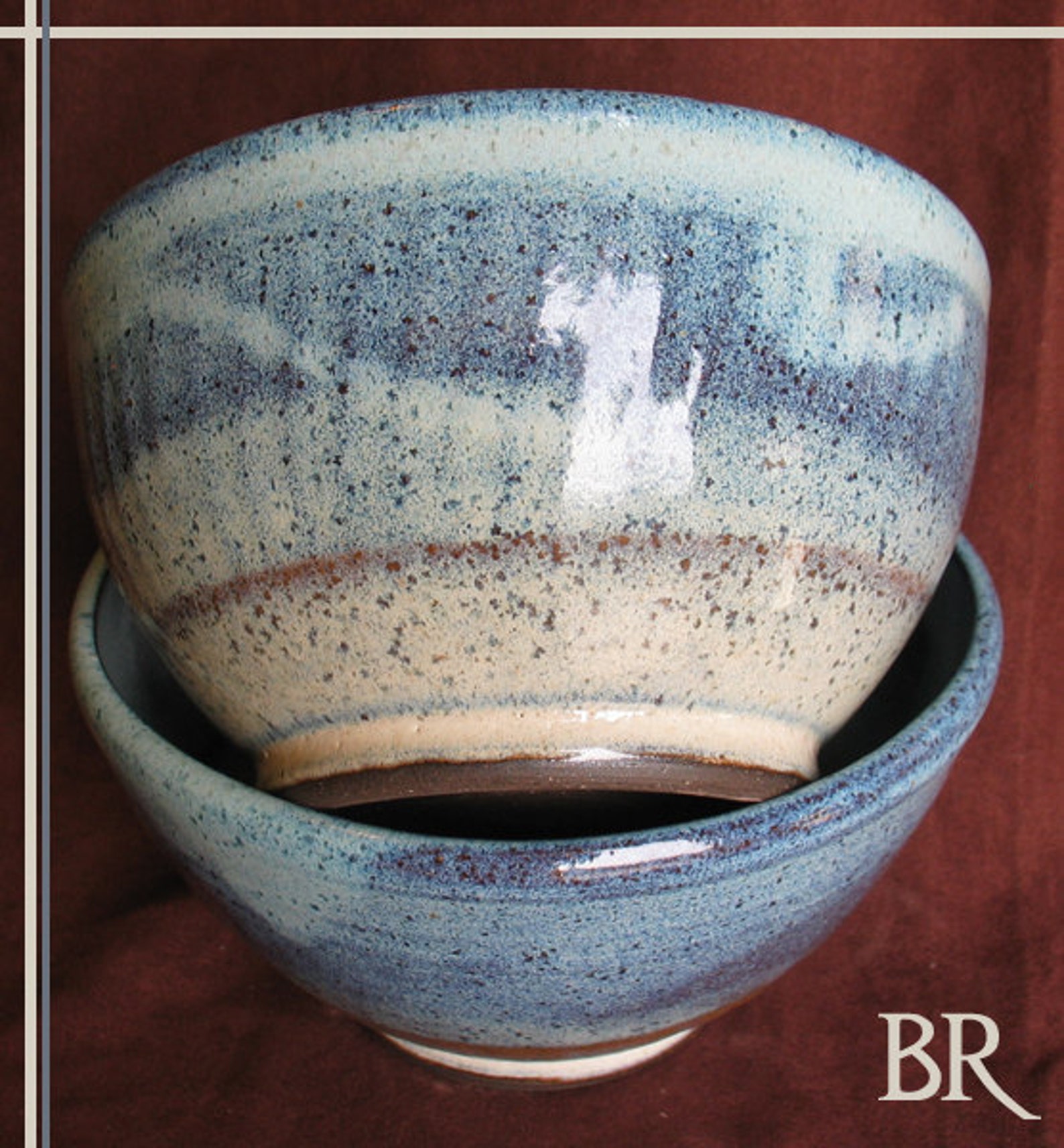Set of 2 Soup Bowls Stoneware Pottery Blue and Beige Etsy