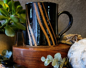 Black Striped Swirl Mug - Tall Latte Mug - Boho Coffee Mug - Modern Ceramic Mug - White Pottery - IN STOCK