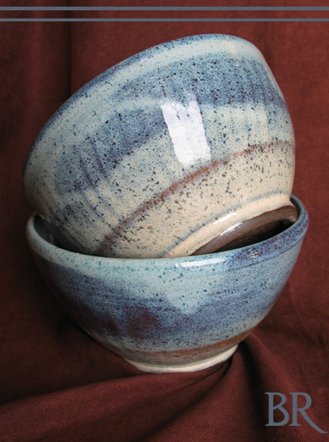 Set of 2 Soup Bowls Stoneware Pottery Blue and Beige Etsy