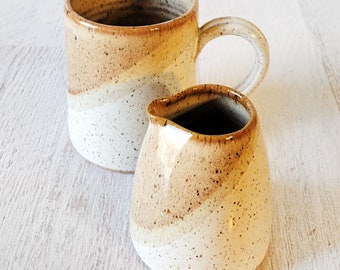 Pottery Mug & Creamer set - Vanilla and Honey Caramel - Boho Natural Kitchen - Modern Organic Coffee Set -  Mug for Mom - cozy pottery mug