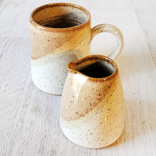 Pottery Mug & Creamer set - Vanilla and Honey Caramel - Boho Natural Kitchen - Modern Organic Coffee Set -  Mug for Mom - cozy pottery mug