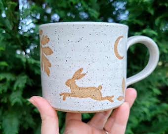 Woodland Rabbit Pottery Camp style Mug - Rabbit & Moon Mug - Enchanted Forest - White Handmade Pottery - Stoneware Coffee cup - Forestcore
