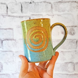 Bamboo & Bright Blue Raspberry Spiral Swirl mug - cozy colorful pottery mug - handmade pottery mug - ceramic coffee cup