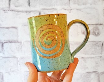 Bamboo & Bright Blue Raspberry Spiral Swirl mug - cozy colorful pottery mug - handmade pottery mug - ceramic coffee cup