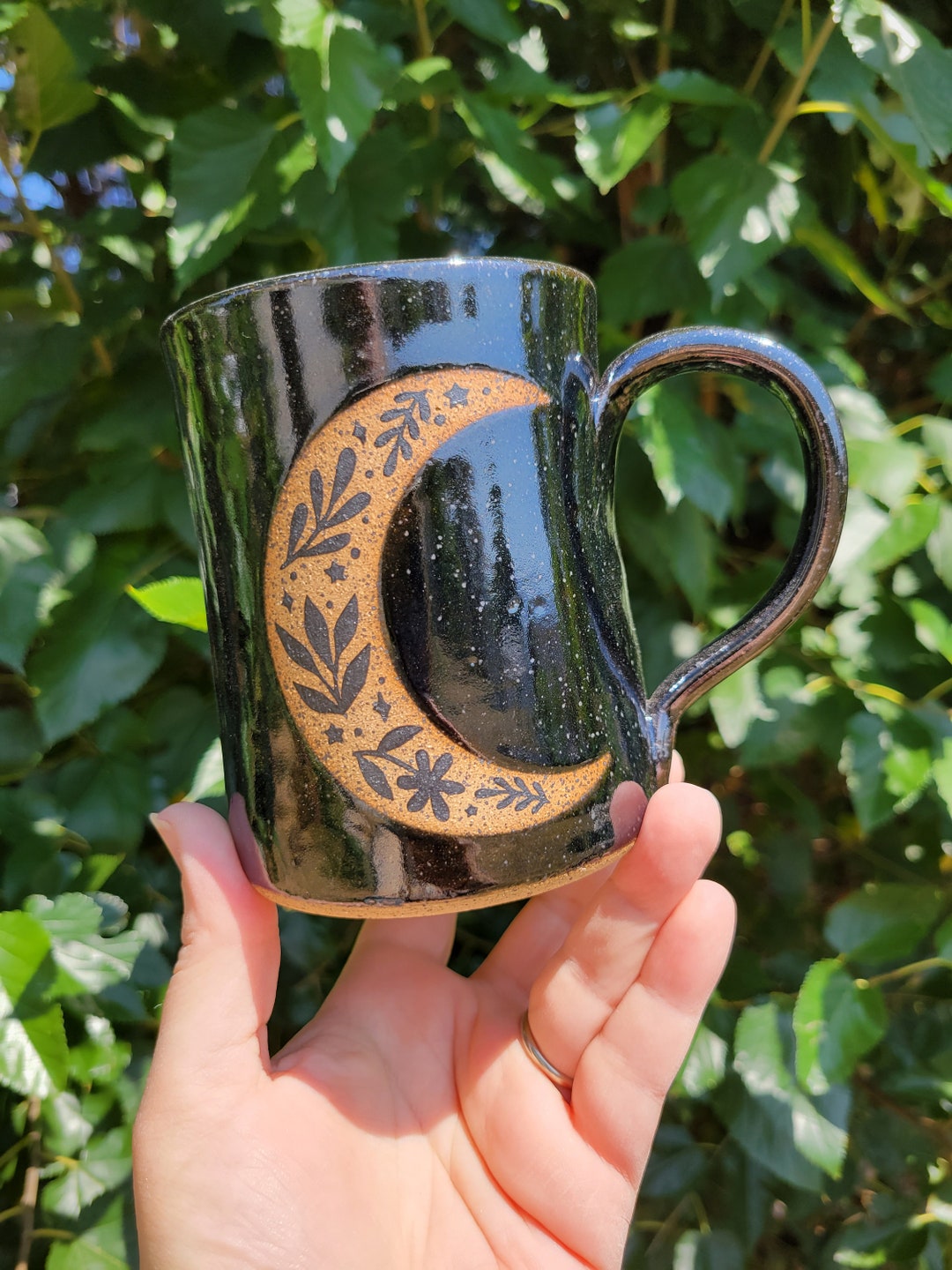 Floral Moon Mug in Black Handmade Pottery Mug Ceramic Tea Etsy
