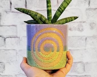 Purple & Green Spiral Planter w/ Drain Plate - Indoor Planter - Houseplants - Pastel flower pot - Succulent planter - Handmade Ceramic