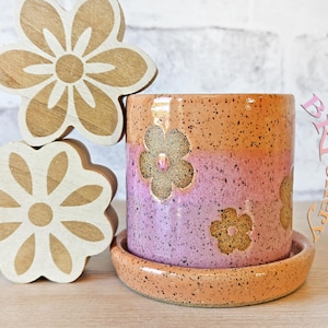 May include: A ceramic planter with a matching saucer featuring a speckled orange and pink glaze with embossed flower patterns. Two light-colored wooden flower-shaped cutouts are positioned to the left of the planter. The text BR Pottery is visible.
