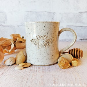 Classic Vanilla White Bee Mug - Handmade Pottery Coffee Cup Honeybee Beekeeper gift