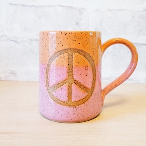 Peace Sign Handmade Pottery Mug in Tangerine Pink (Island Sunset) glaze