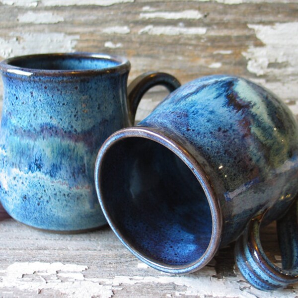 Pottery Mug - Watercolor Blues - Stoneware Mug - Coffee Cup - Tea - READY TO SHIP