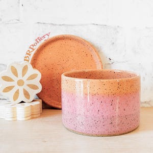 May include: A ceramic planter with a speckled pink and orange gradient. A matching plate and wooden flower-shaped coasters are also visible. The pottery has a rustic, handmade aesthetic, perfect for home decor.