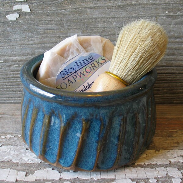 Fluted Shaving Bowl in Turquoise Blue glaze - Shave Cup - Shave Soap - Men's Gift Set