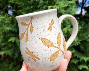 Woodland Dragonfly Pottery Mug - Dragonflies Mug - Enchanted Forest - White Handmade Pottery - Stoneware Coffee cup - Forestcore