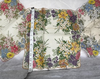 1950s Garden Print Floral Taschentuch: Technik Zinnia Dahlia Scalloped Edge (3er-Set)