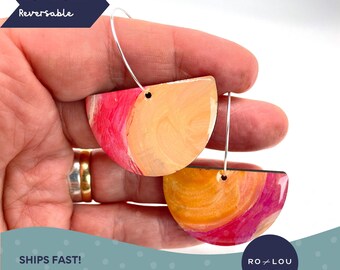 Pink and Orange Dangle Earrings - Reversible Earrings - Hand Painted, Light Weight and Earrings Perfect for Any Occasion!