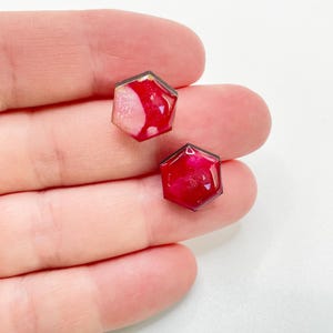Ruby Red Hexagon Stud Earrings - Geometric Earrings - Hand Painted Earrings, Light Weight and Perfect for Any Occasion!