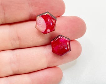 Ruby Red Hexagon Stud Earrings - Geometric Earrings - Hand Painted Earrings, Light Weight and Perfect for Any Occasion!
